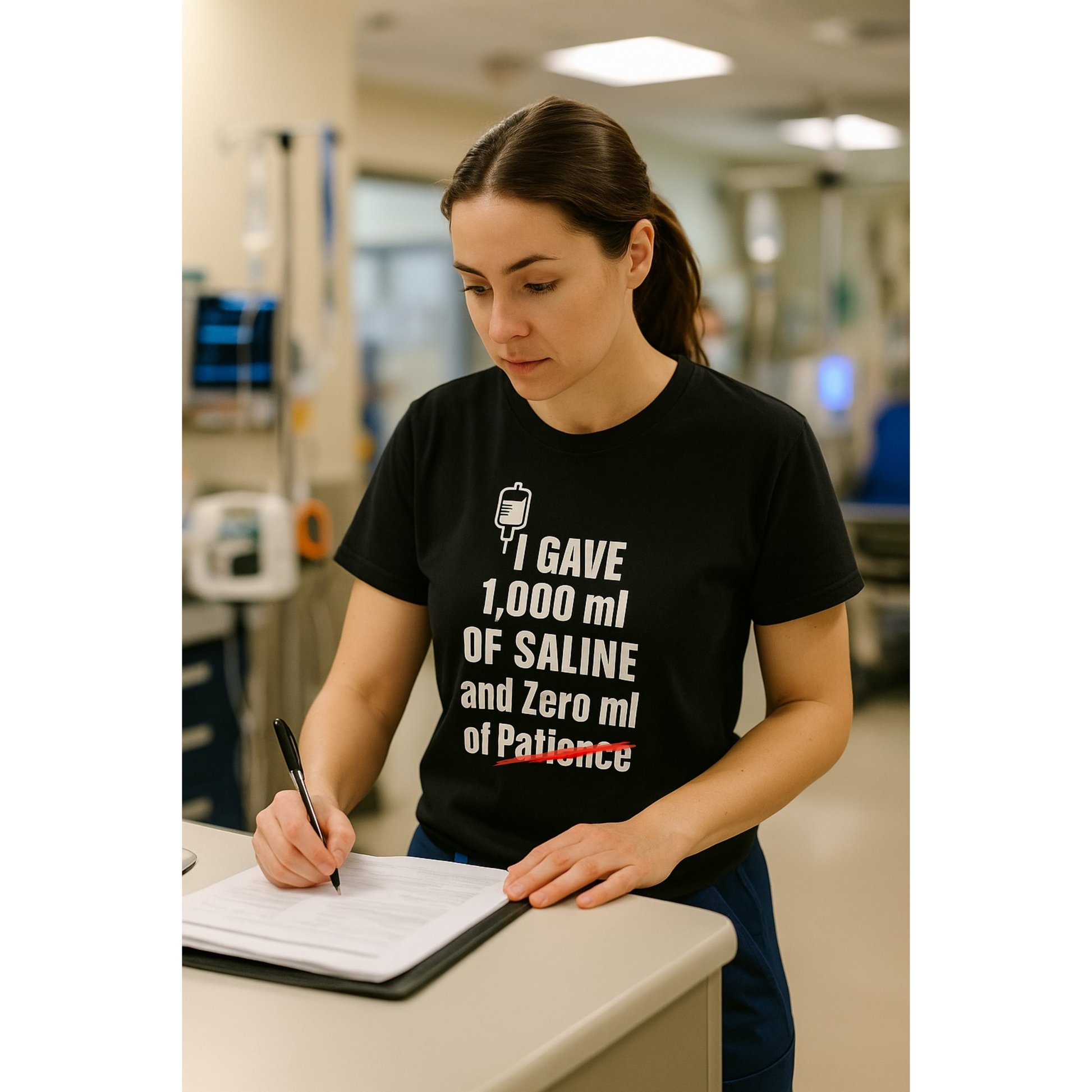 Nurse in black shirt writing in the “Saline/Patience” tee.