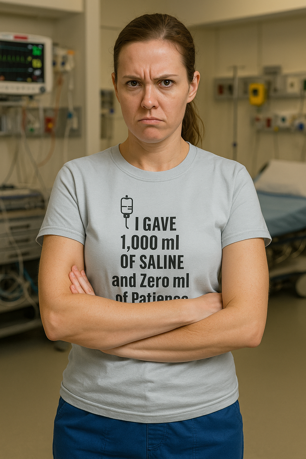Nurse in blue scrubs serving tired realness in the “Saline/Patience” tee.
