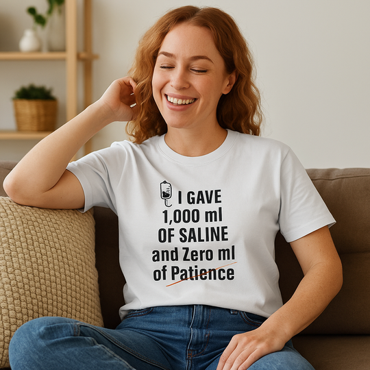 White tee worn by smiling nurse on a couch with the quote “I Gave 1,000 mL of Saline and Zero mL of Patience.” Pure nurse exhaustion vibes.

