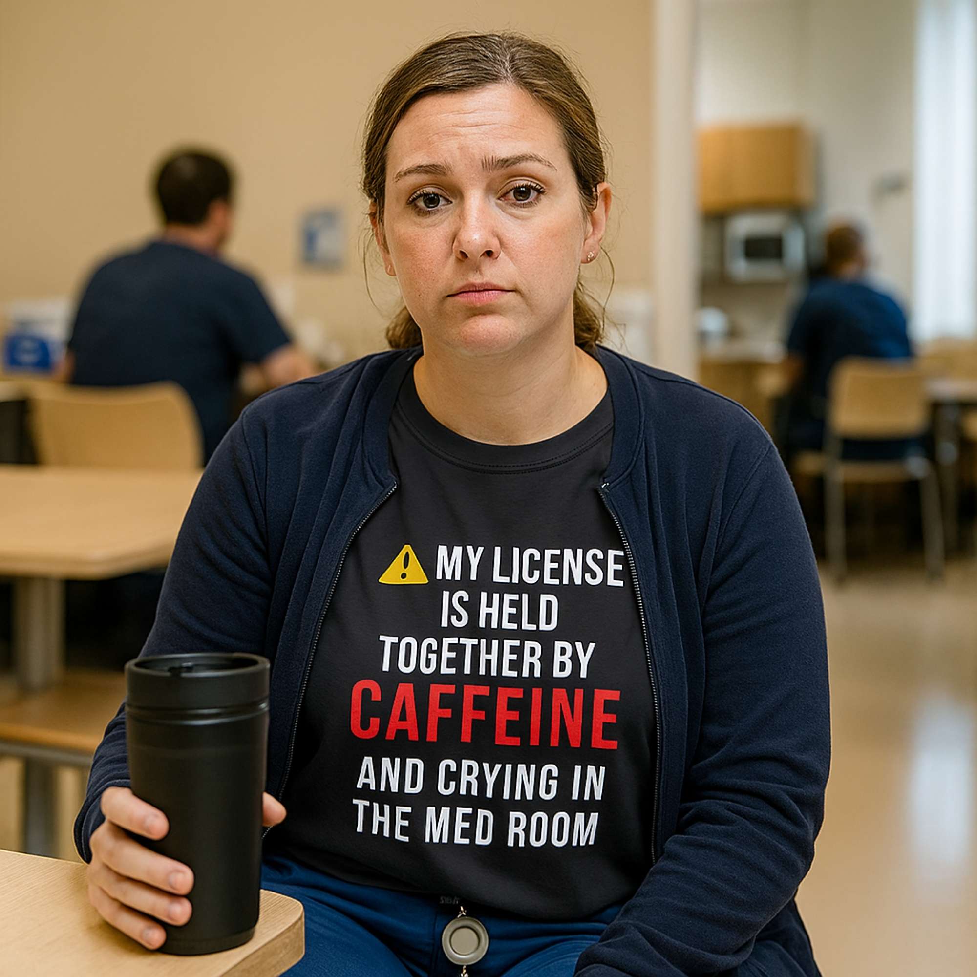Tired nurse holding tumbler, wearing "My License Is Held Together By Caffeine And Crying In The Med Room" shirt, hospital breakroom.
