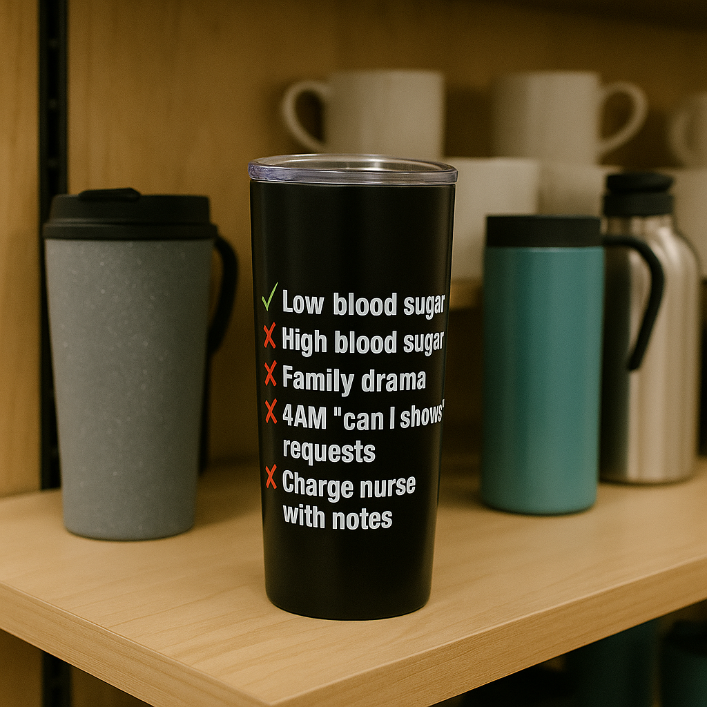Black 20oz nurse tumbler with quote “The Only BS I Tolerate Is Blood Sugar” and checklist of nursing shift annoyances on the back.
