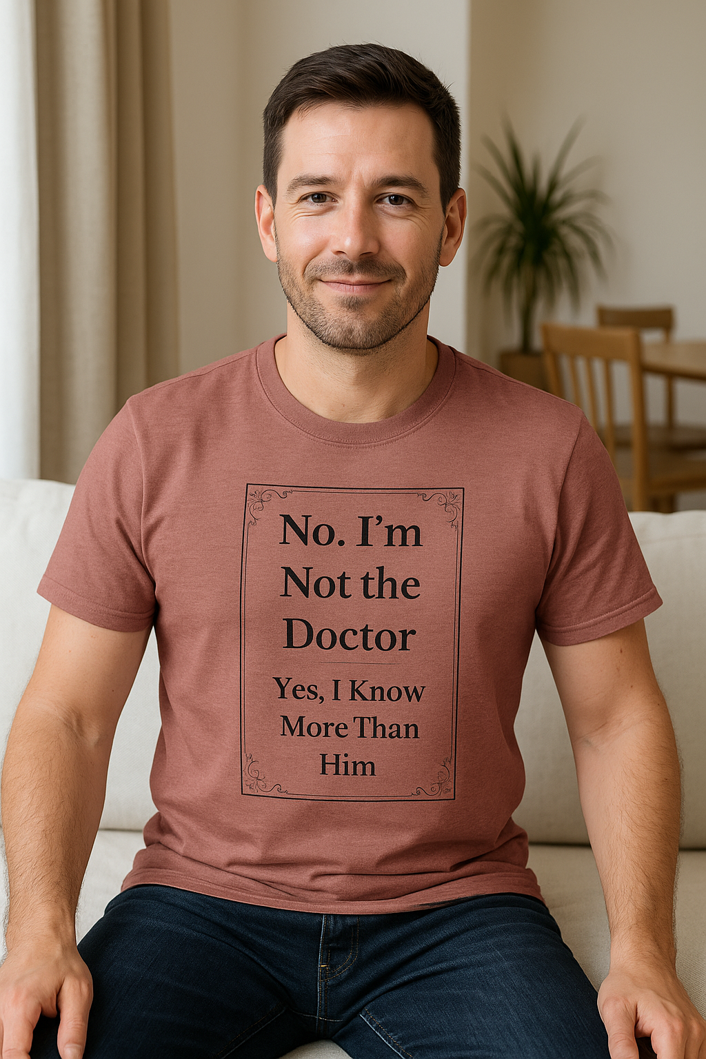 Male model wearing rust color "Not the Doctor, Just Smarter" RN shirt while smiling.