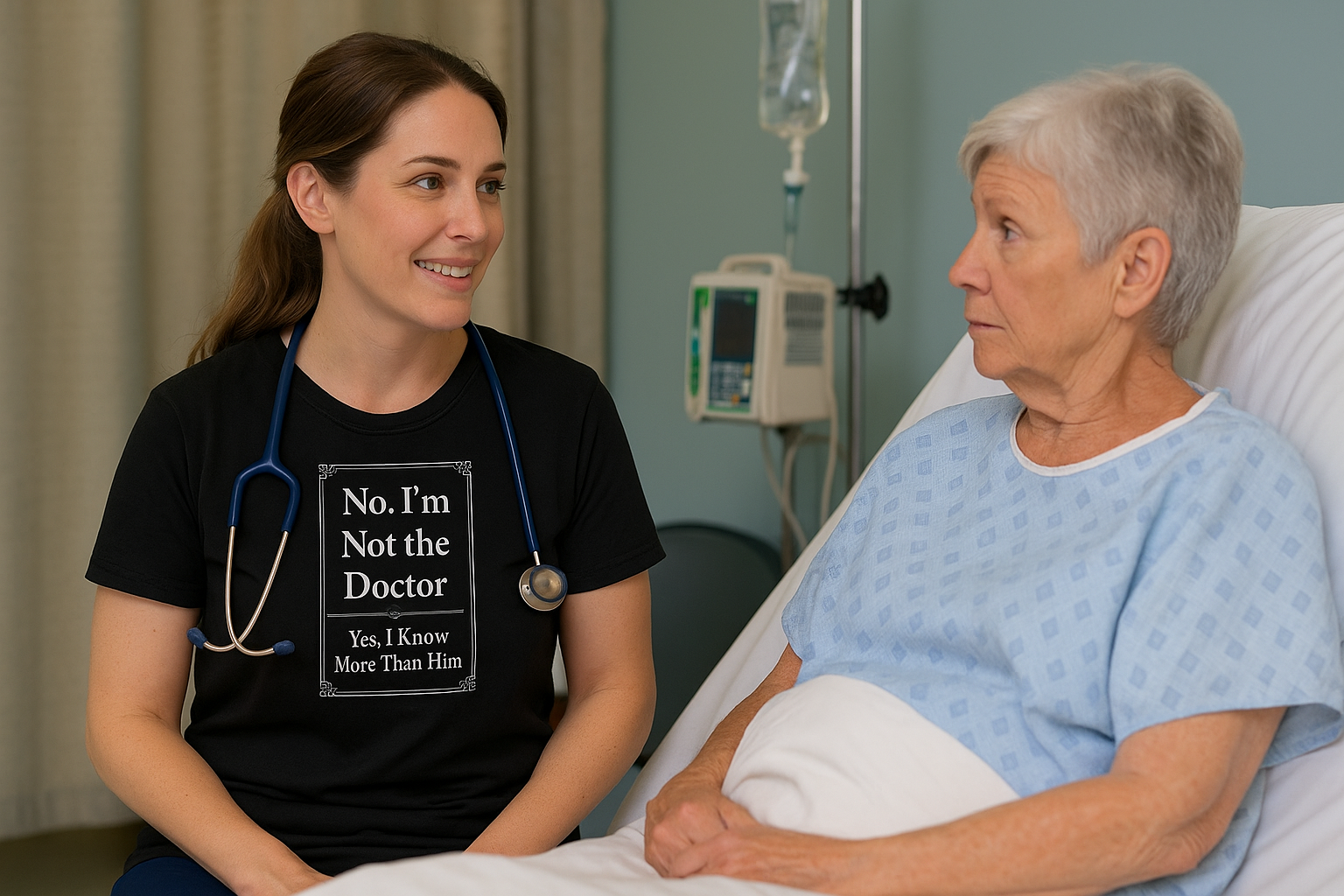 nurse and patient chatting—one wearing black "Not the Doctor, Just Smarter" tee.