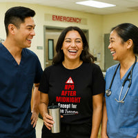 Three nurses in scrubs laughing, all wearing "NPO After Midnight Except for the Trauma" shirts, hospital background.

