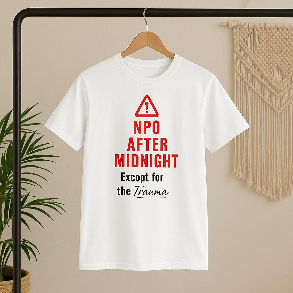 White tee hanging in a cozy, neutral space. Red triangle warning stands out.
