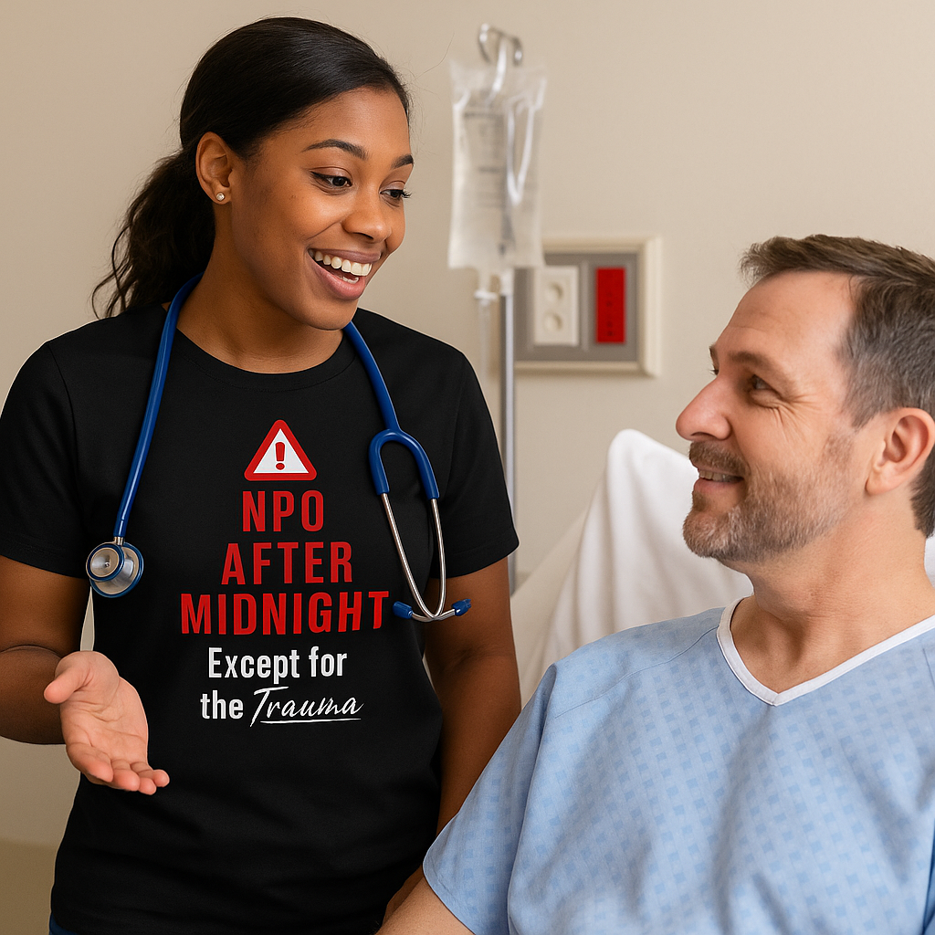 Nurse smirking in black tee like she just got assigned a 1:6 ratio—again.
