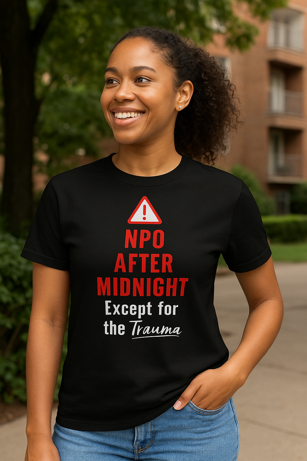 Nurse smirking in black tee like she just got assigned a 1:6 ratio—again.
