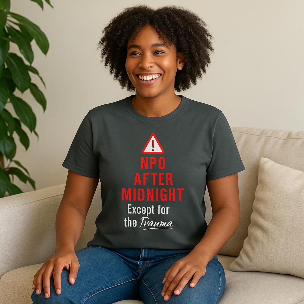 Relaxed nurse in grey shirt casually reminding you trauma doesn’t follow the rules.
