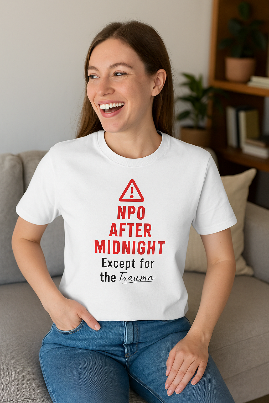 Smiling nurse seated, white tee on full display—burnout never looked so bright.
