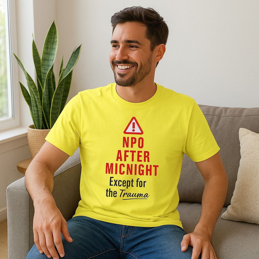 Guy in bright yellow shirt grinning like he didn’t just hear “Code Blue in 306.”
