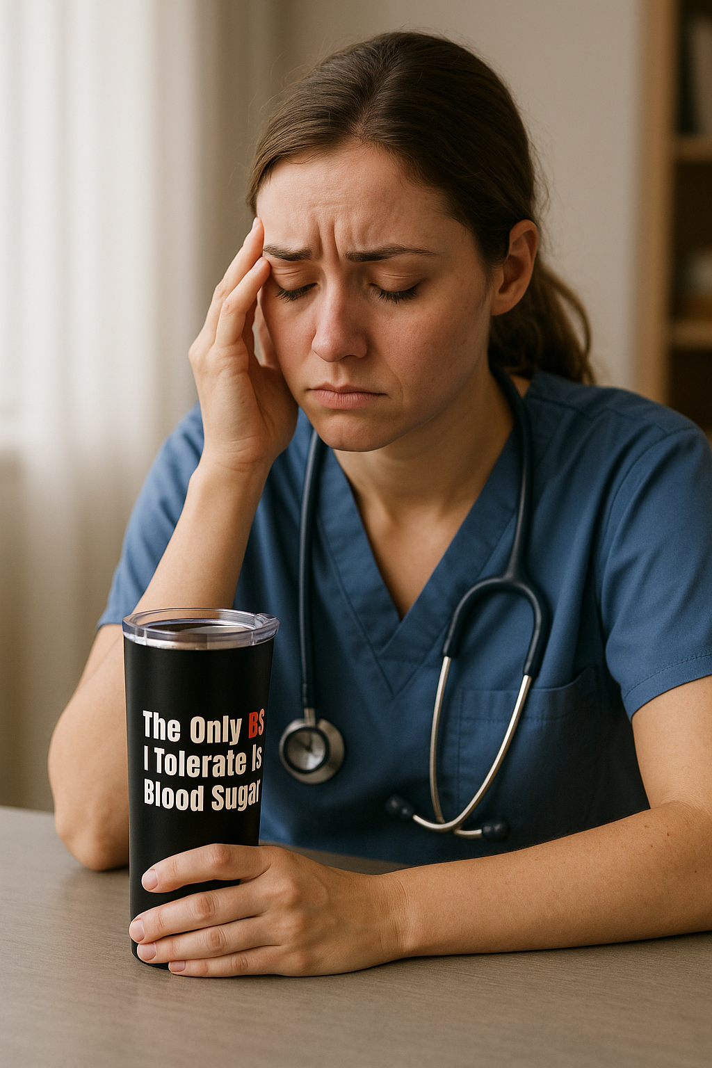 Black 20oz nurse tumbler with quote “The Only BS I Tolerate Is Blood Sugar” and checklist of nursing shift annoyances on the back.
