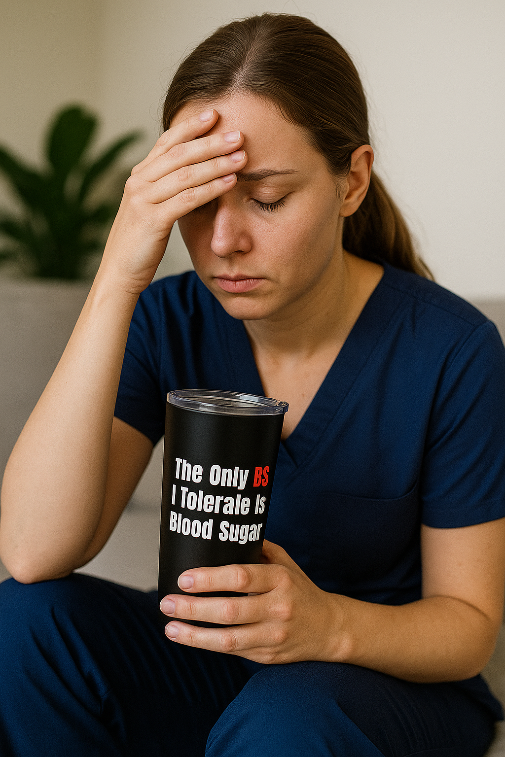Black 20oz nurse tumbler with quote “The Only BS I Tolerate Is Blood Sugar” and checklist of nursing shift annoyances on the back.
