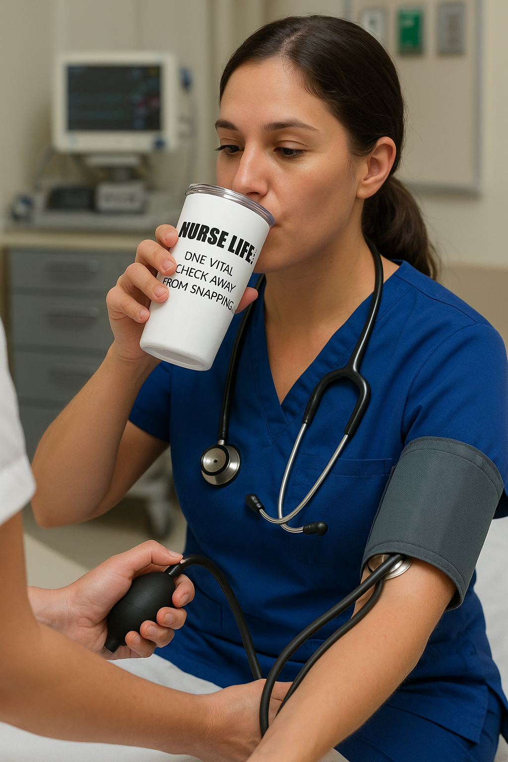 White 20oz tumbler with “Vitals: Stable. Sanity: Pending.” on front and “Nurse Life: One vital check away from snapping.” on back