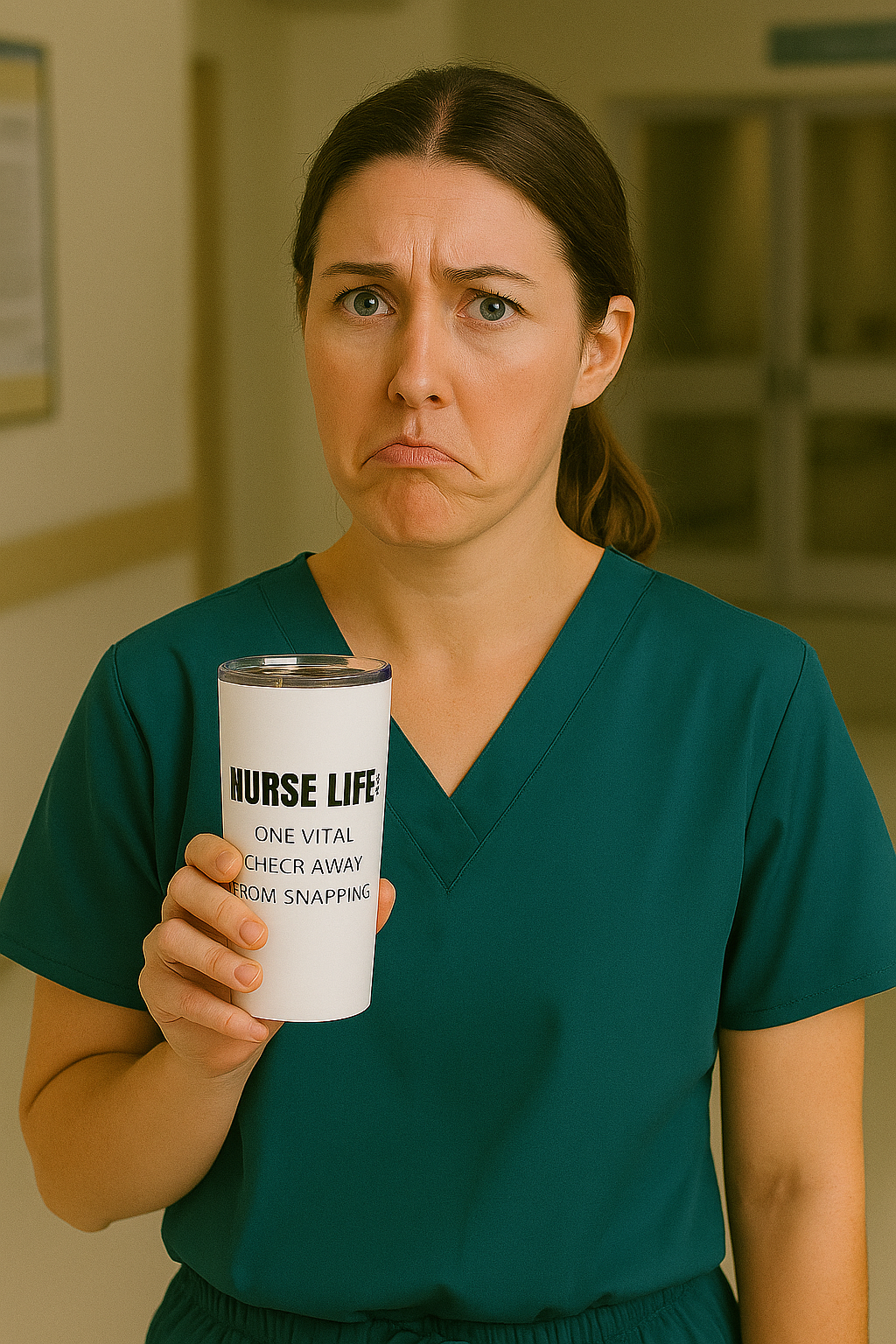 White 20oz tumbler with “Vitals: Stable. Sanity: Pending.” on front and “Nurse Life: One vital check away from snapping.” on back