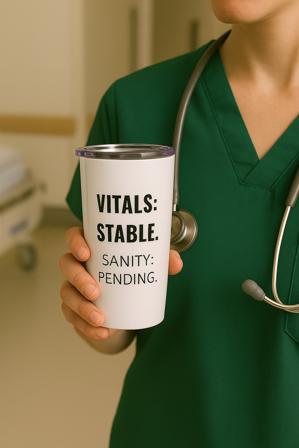 White 20oz tumbler with “Vitals: Stable. Sanity: Pending.” on front and “Nurse Life: One vital check away from snapping.” on back