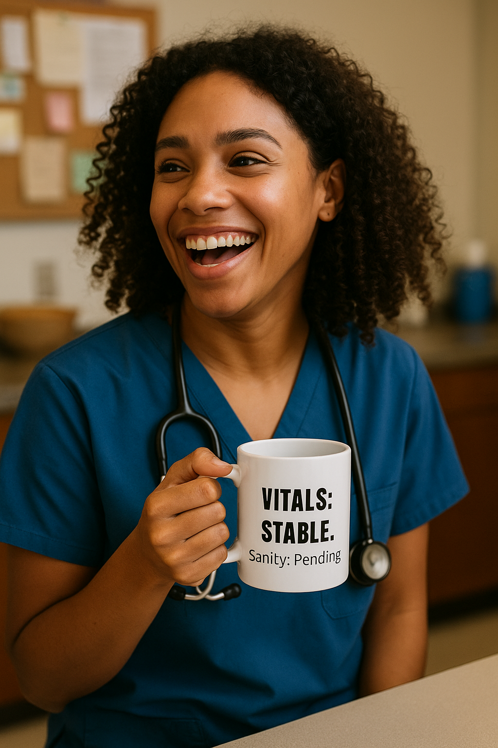 White ceramic mug with black text that reads “Vitals: Stable. Sanity: Pending” – nurse burnout humor
