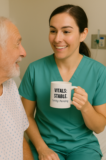 White ceramic mug with black text that reads “Vitals: Stable. Sanity: Pending” – nurse burnout humor
