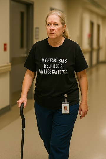 Older nurse walking down a hospital hallway wearing a shirt that says “My heart says help Bed 3, but my legs say retire.”
