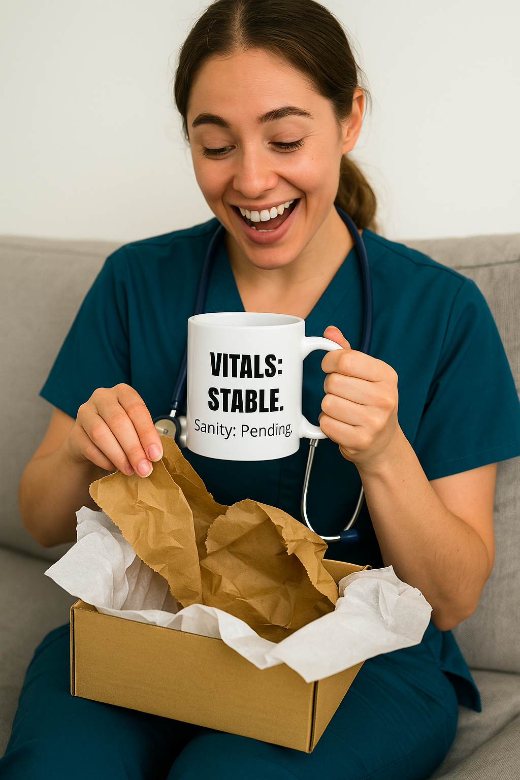 White ceramic mug with black text that reads “Vitals: Stable. Sanity: Pending” – nurse burnout humor
