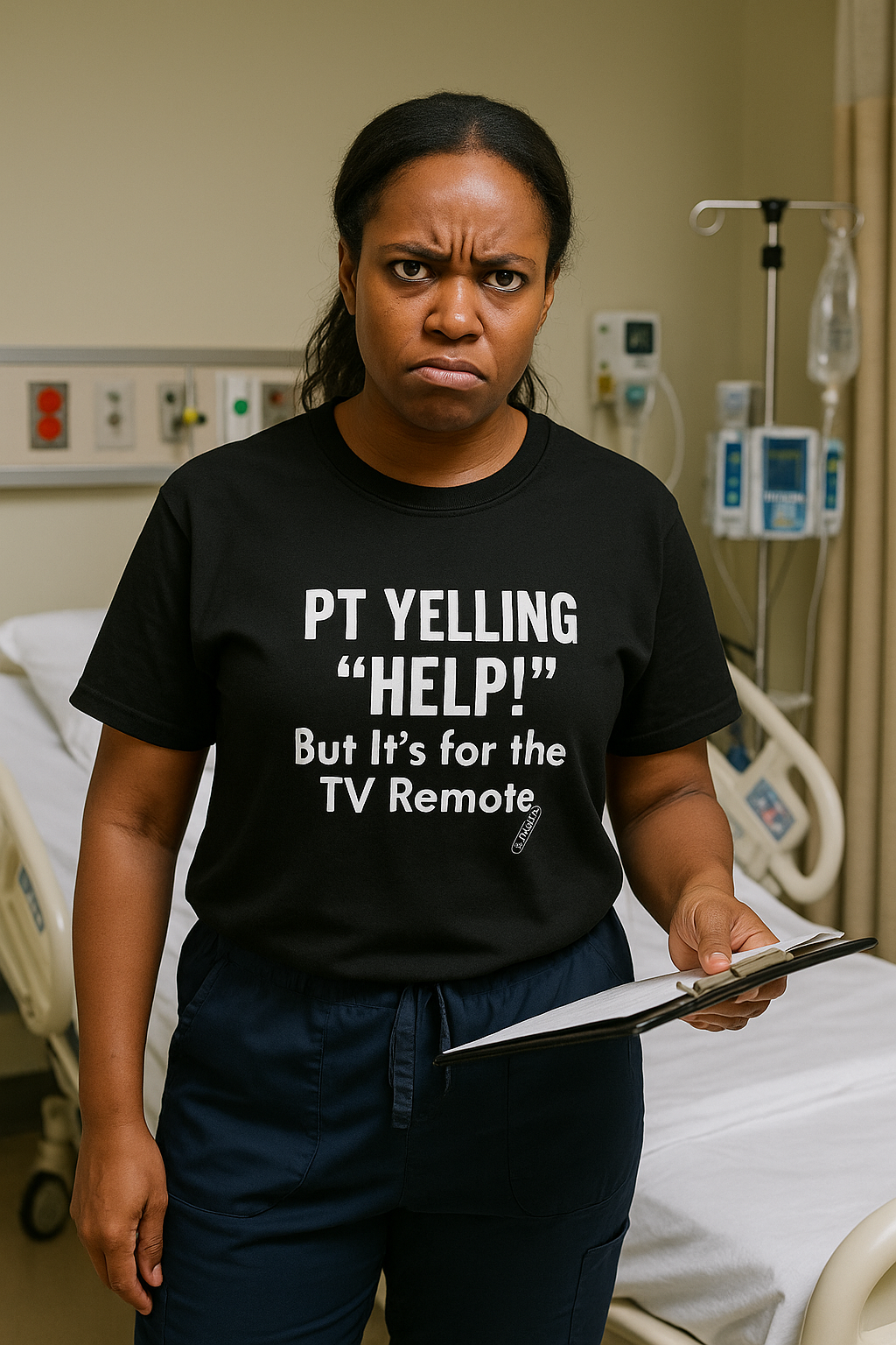 Nurse in black “PT Yelling Help” shirt holding report, standing by desk.
