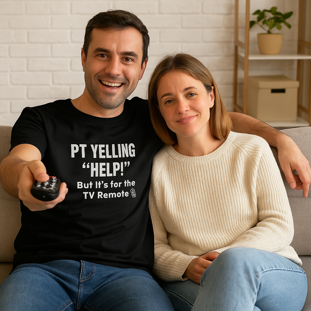 Nurse on couch with partner, wearing black “PT Yelling Help” shirt for casual shift recovery.
