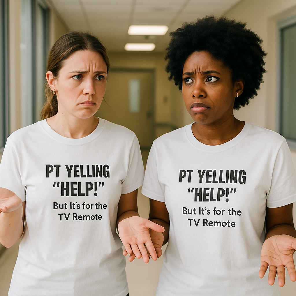 Two nurses side by side looking annoyed in white “PT Yelling Help” statement shirts.
