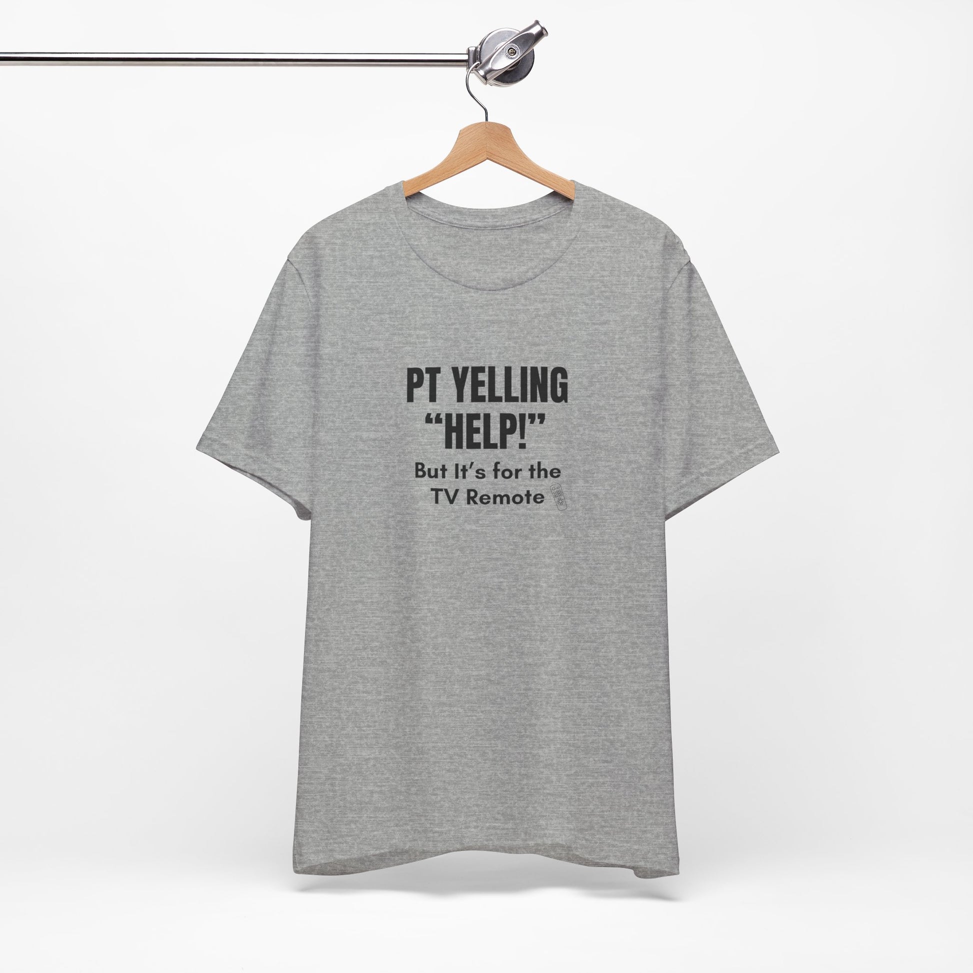 Flatlay of black version of the “PT Yelling Help” shirt, shown on hanger.
