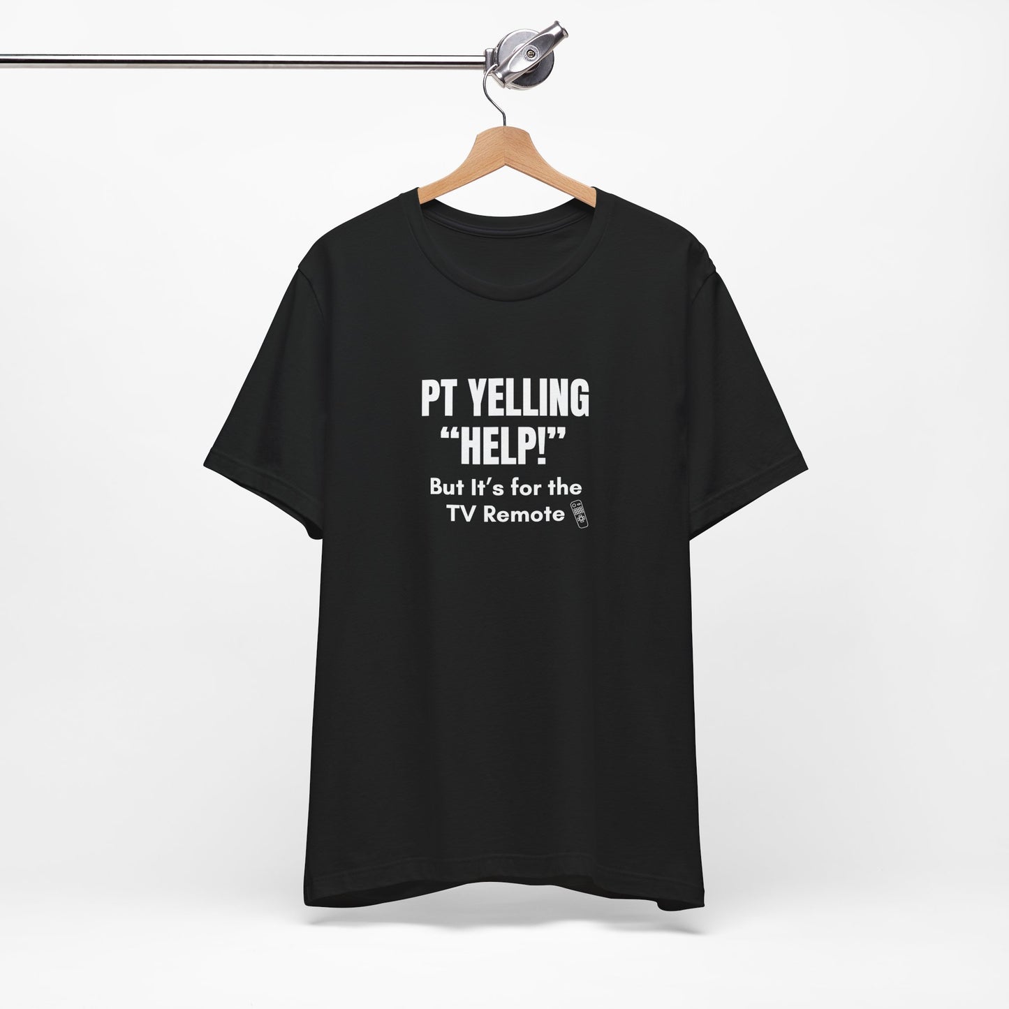 Flatlay of gray version of the “PT Yelling Help” shirt, shown on hanger.
