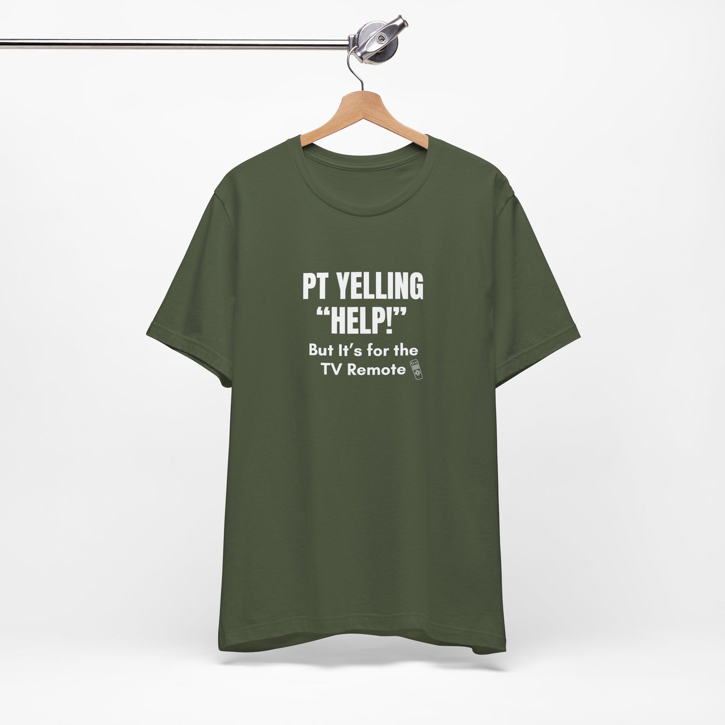 Olive “PT Yelling Help” shirt shown flat on hanger background.
