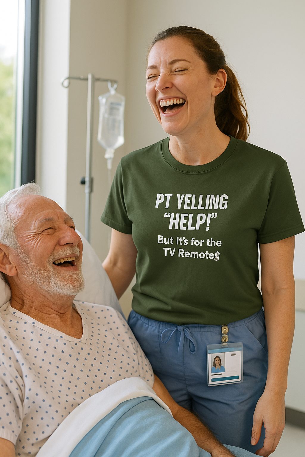Burnout nurse smiling in olive green “PT Yelling Help” t-shirt with badge.

