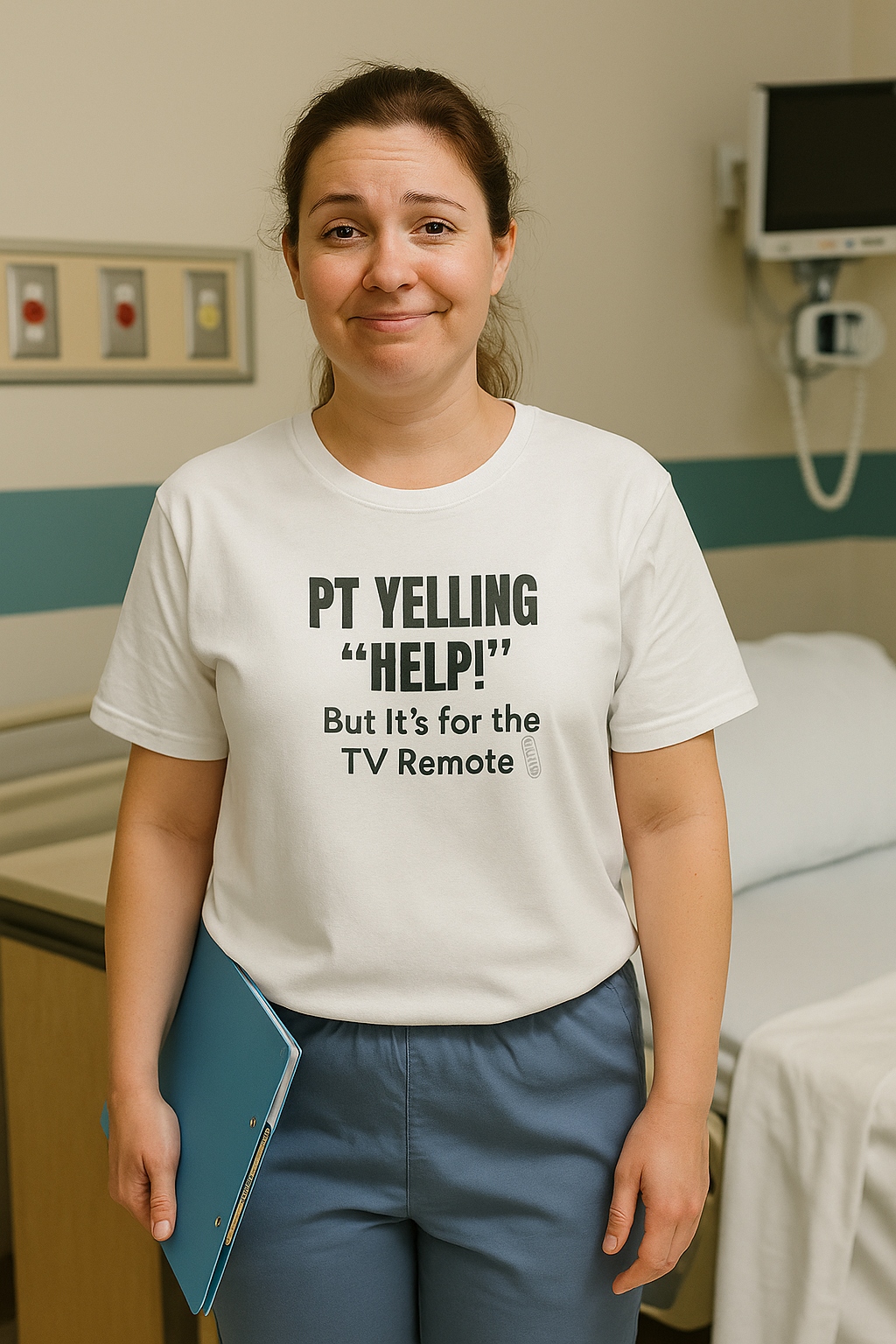 Smiling nurse walking down hallway in white “PT Yelling Help” tee.

