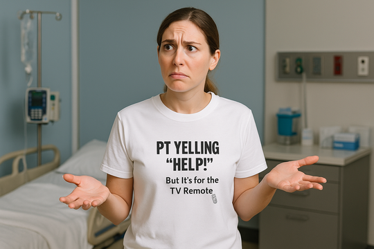 Nurse shrugging in patient room, wearing white “PT Yelling Help” shirt with sarcastic expression.
