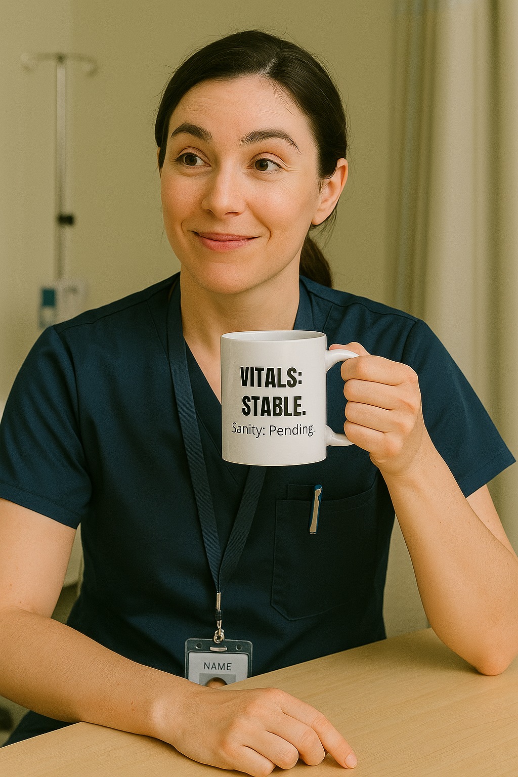 nurse smiling in the breakroom while drinking from vitals mug