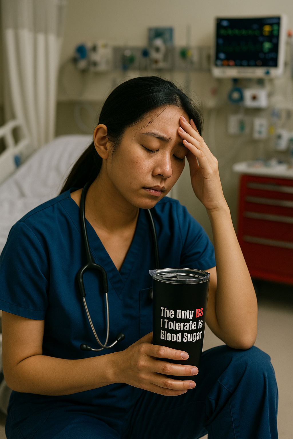 Black 20oz nurse tumbler with quote “The Only BS I Tolerate Is Blood Sugar” and checklist of nursing shift annoyances on the back.
