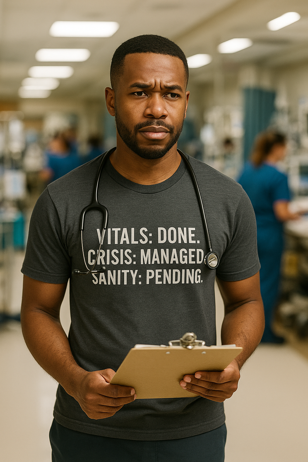 nurse in a clinical hallway wearing the “Vitals: Done. Crisis: Managed. Sanity: Pending.” tee.
