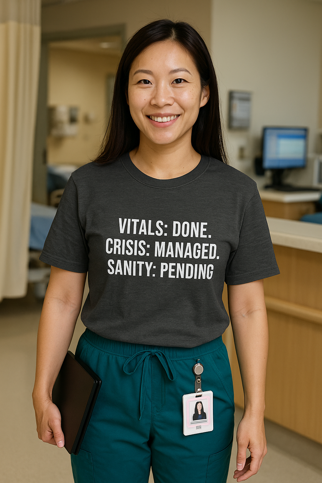 Smiling nurse in a clinical hallway wearing the “Vitals: Done. Crisis: Managed. Sanity: Pending.” tee.
