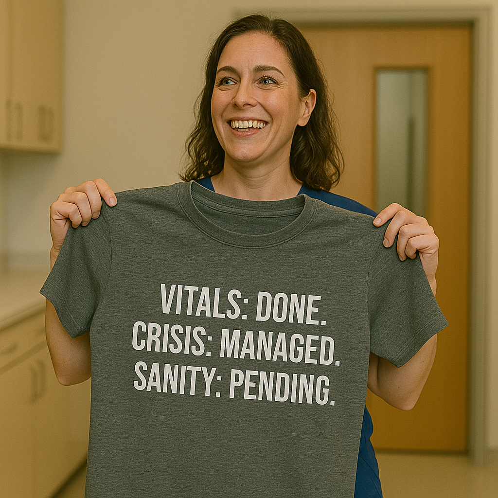 Model holding out shirt with a proud grin wearing the nurse humor tee.

