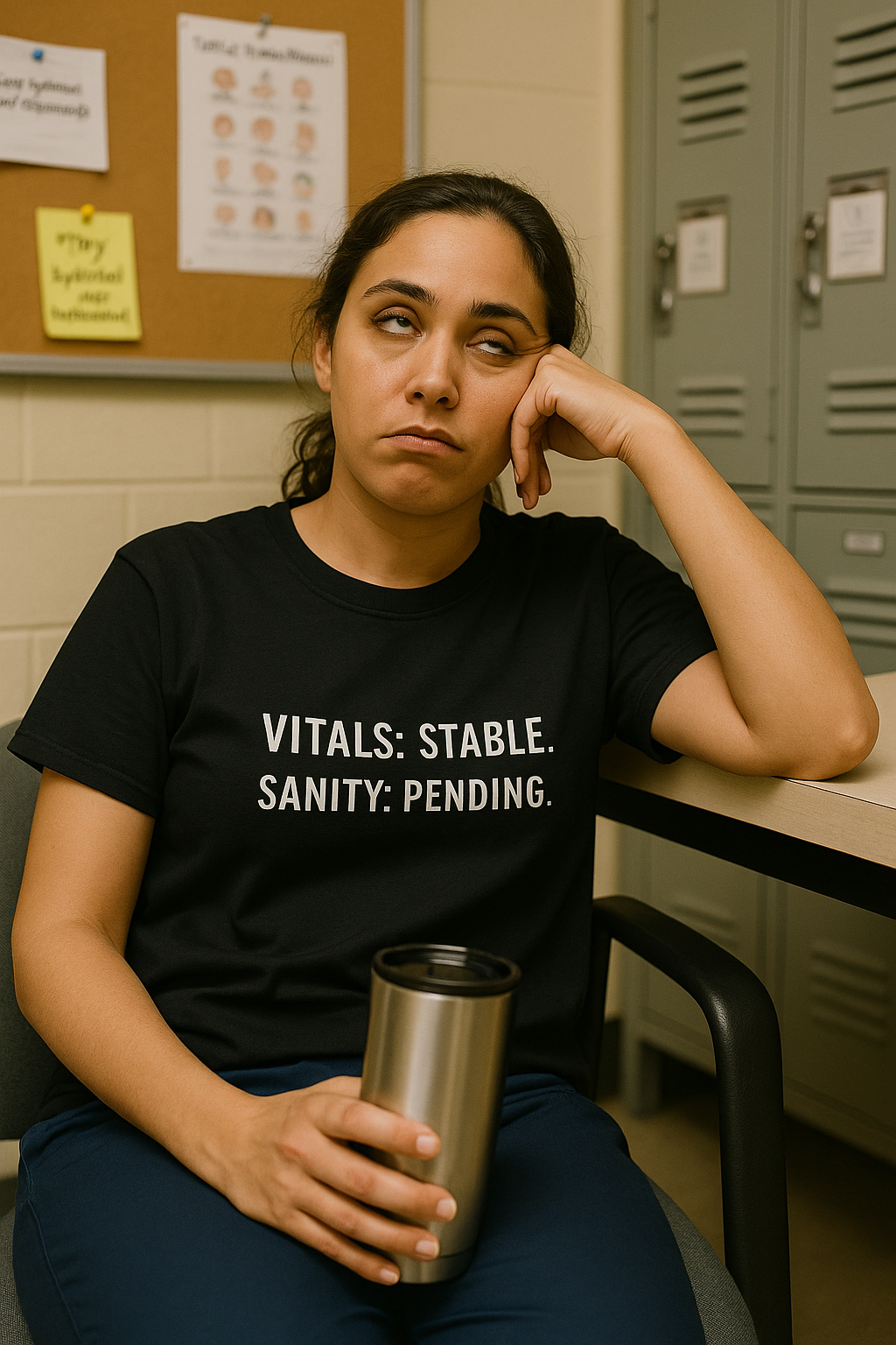 Nurse leaning back in hospital chair with coffee, wearing “Vitals: Stable. Sanity: Pending.” t-shirt.