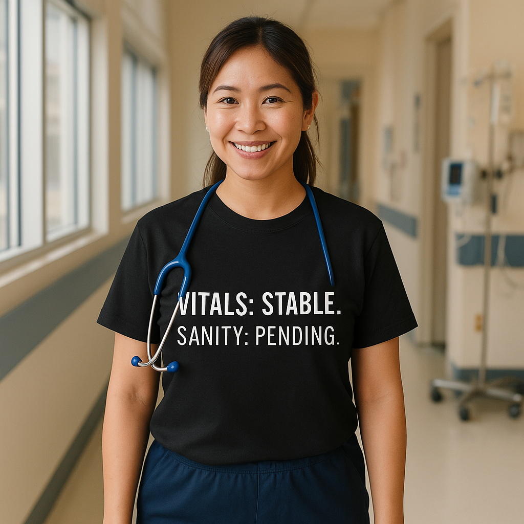 Nurse smiling in blue “Vitals: Stable. Sanity: Pending.” shirt near nurses’ station.

