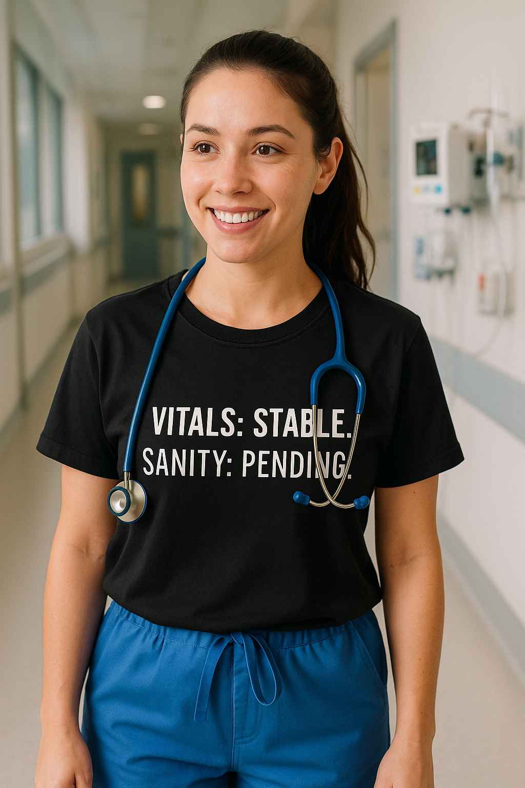 Nurse with stethoscope wearing blue “Vitals: Stable. Sanity: Pending.” t-shirt.
