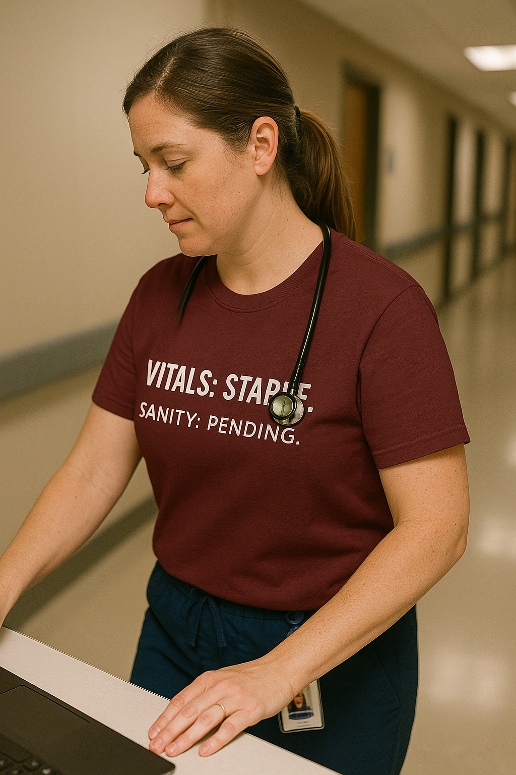Nurse walking down hall in maroon “Vitals: Stable. Sanity: Pending.” crewneck tee.
