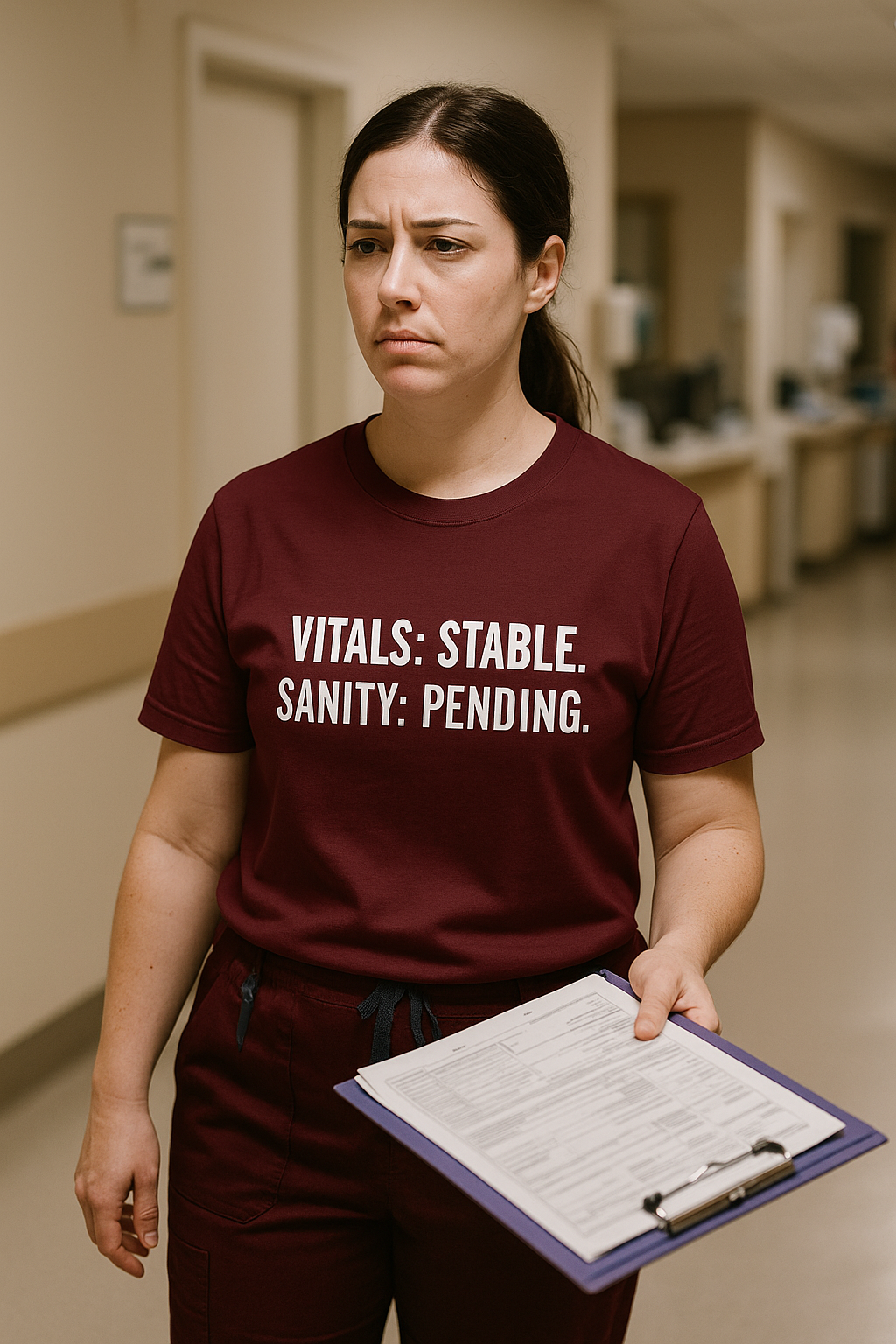 Nurse standing with clipboard in maroon burnout shirt.
