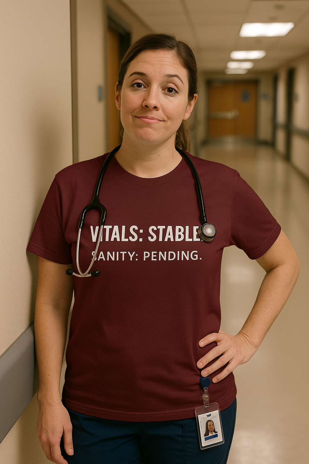 Nurse standing by medical cart smiling in maroon burnout shirt.
