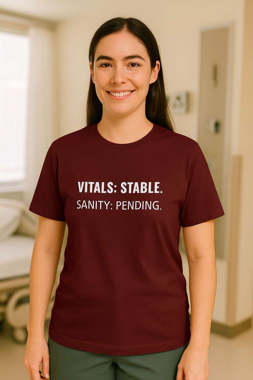 Model standing in red “Vitals: Stable. Sanity: Pending.” burnout shirt.
