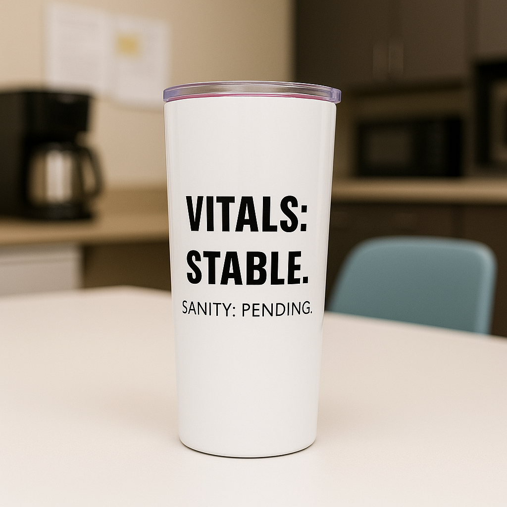 White 20oz tumbler with “Vitals: Stable. Sanity: Pending.” on front and “Nurse Life: One vital check away from snapping.” on back