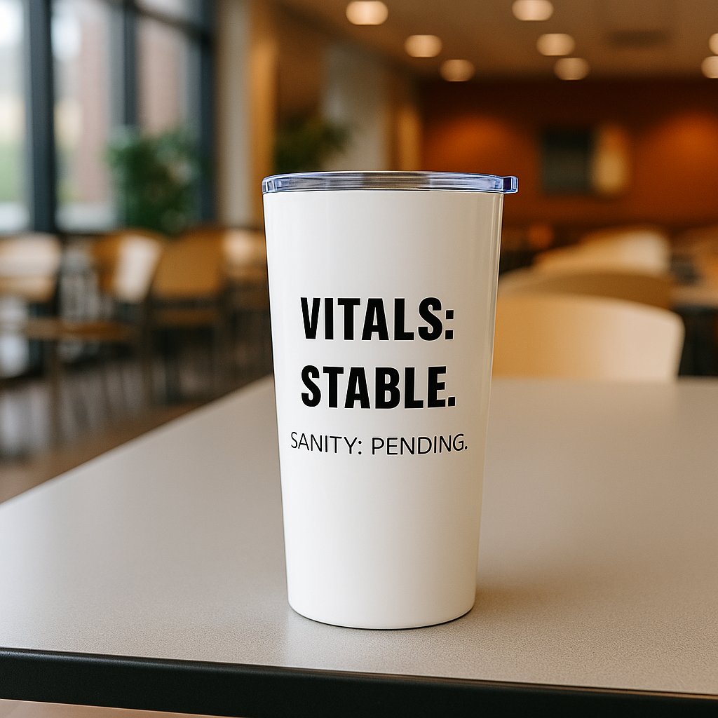 White 20oz tumbler with “Vitals: Stable. Sanity: Pending.” on front and “Nurse Life: One vital check away from snapping.” on back